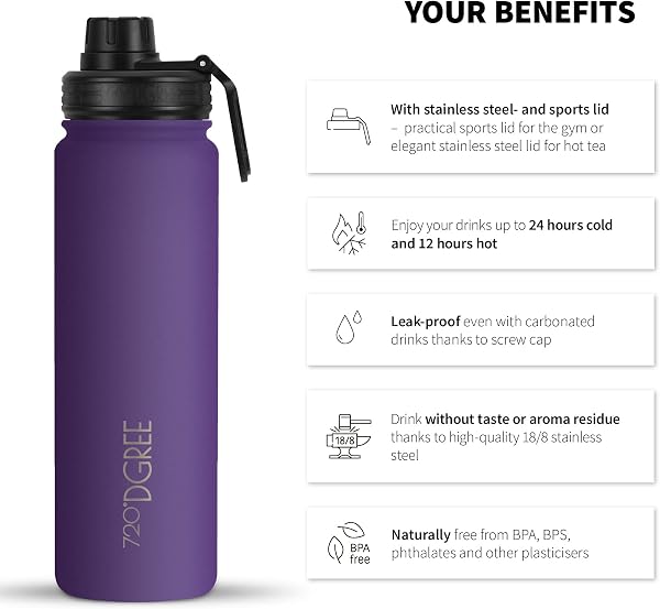 720°DGREE Botella Agua Termo Acero Inoxidable “noLimit“ – 410ml, 530ml, 710ml, 950ml, 1200ml - Sin BPA Free, Antigoteo y Prueba de Fugas - Frasco térmico, Cantimplora Aislada +Cubierta Deportes Gratis - 2