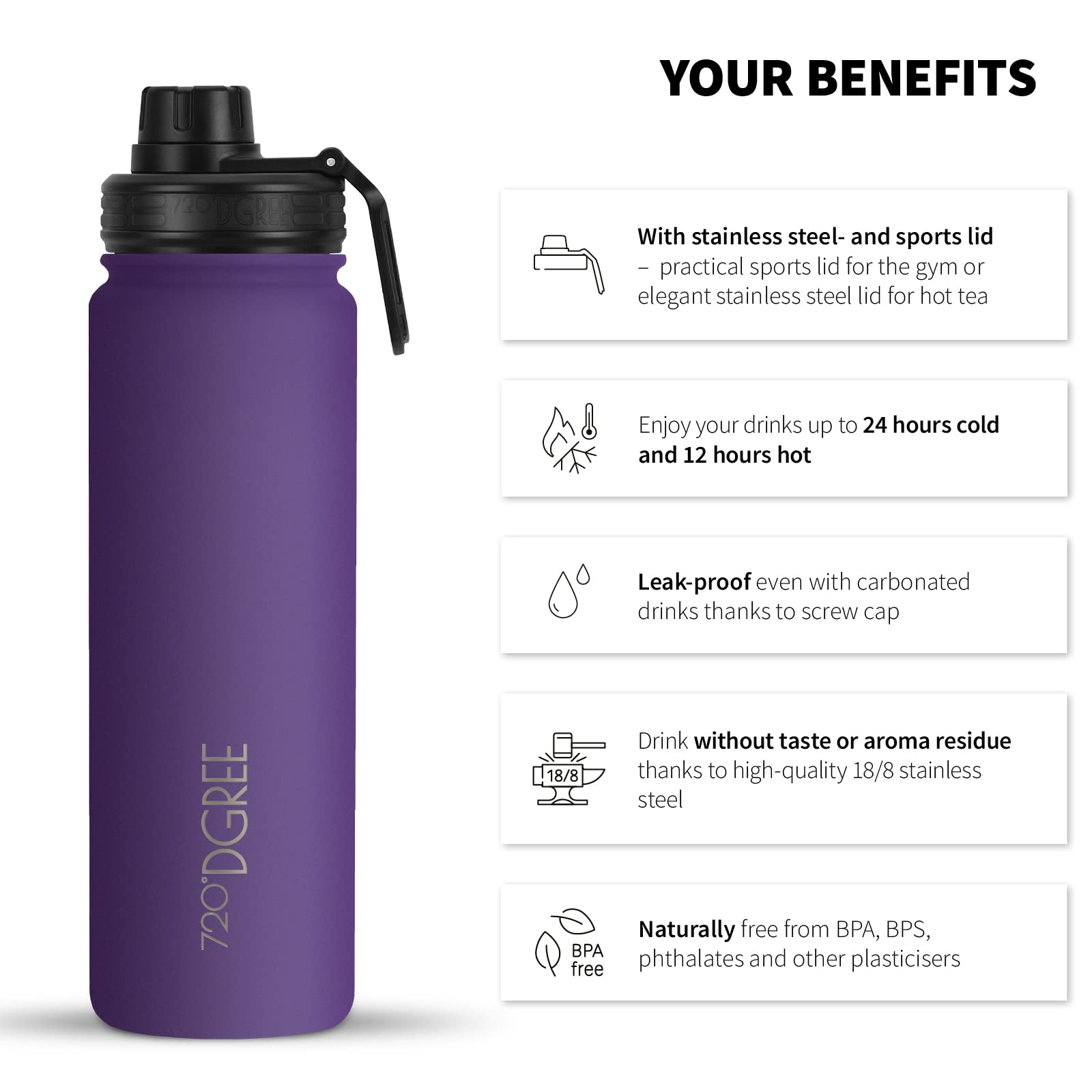 720°DGREE Botella Agua Termo Acero Inoxidable “noLimit“ – 410ml, 530ml, 710ml, 950ml, 1200ml - Sin BPA Free, Antigoteo y Prueba de Fugas - Frasco térmico, Cantimplora Aislada +Cubierta Deportes Gratis — view 2