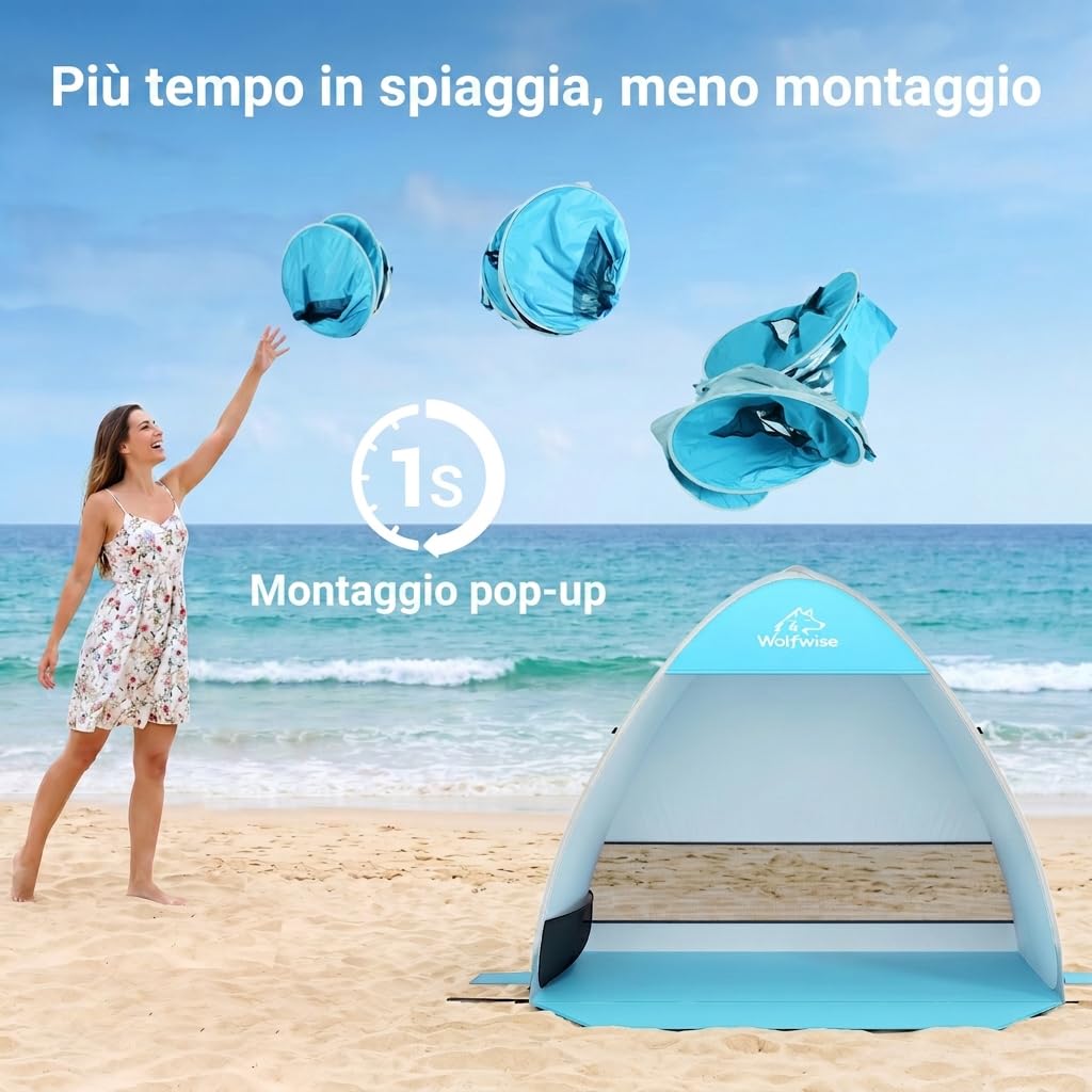 WolfWise Tenda da Spiaggia Pop-Up, Riparo da Spiaggia con Protezione UV 50+, Montaggio in Pochi Secondi, Idrorepellente e Ventilata