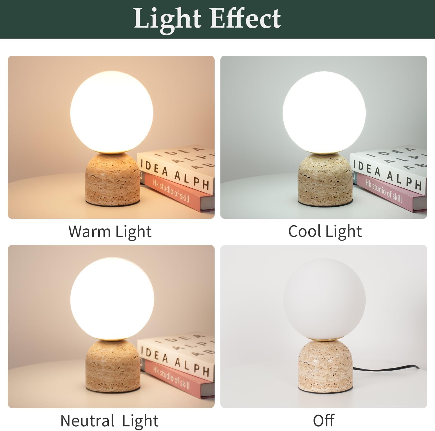 Skyblaze Modern Stone Table Lamp with Frosted Glass Shade, Cute Glass Globe Night Light, Natural Yellow Travertine Table Lamp for Bedroom Living Room