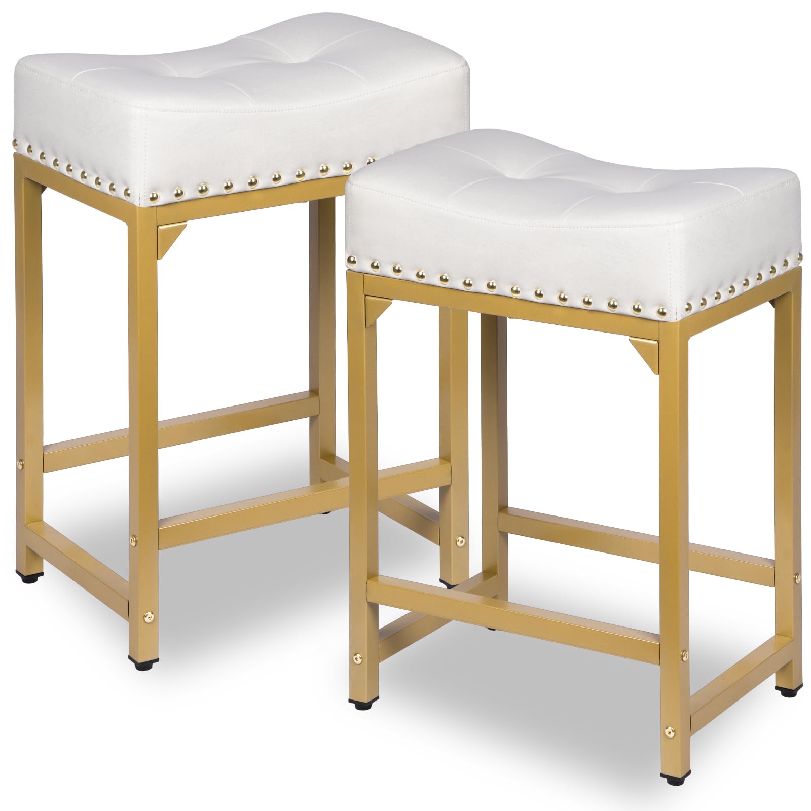 Bar Stools Set of 2, Counter Height Bar Stools for Kitchen Island, 24 Inch Modern White & Gold Counter Height Stools Backless Barstools Counter Stools for Kitchen Counter (White+Gold)