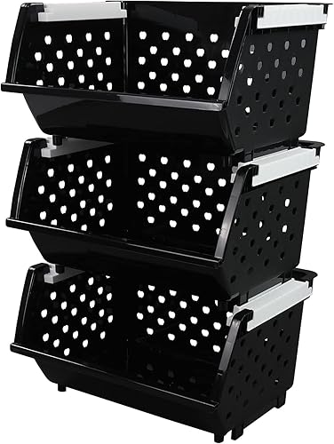 Teyyvn 3 paquetes de cestas de almacenamiento apilables de plástico, contenedores de plástico apilables para organizador