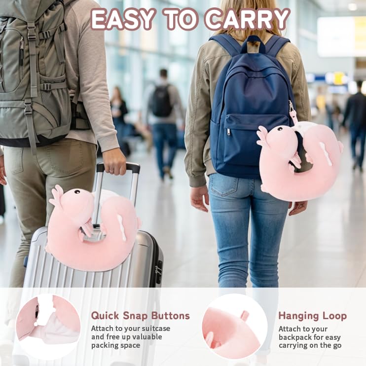 Image of Memory Foam Kids Travel Neck Pillow for Ages 9+, Blue Axolotl Design | Removable cover, machine washable, 360-degree head & chin support, 17 in neck size for teens and adults, car & airplane use