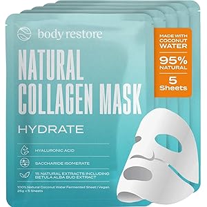Body Restore Natural Collagen Face Mask 5 Pack  Korean Skin Care Mask with Fermented Coconut Water, Christmas Stocking Stuffers, White Elephant, Birthday Gifts for Women & Men, Dry Skin - Hydrate