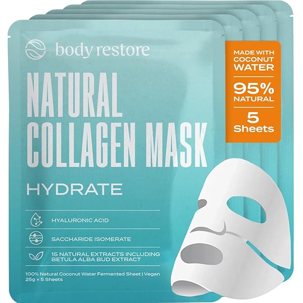Body Restore Natural Collagen Face Mask 5 Pack  Korean Skin Care Mask with Fermented Coconut Water, Christmas Stocking Stuffers, White Elephant, Birthday Gifts for Women & Men, Dry Skin - Hydrate
