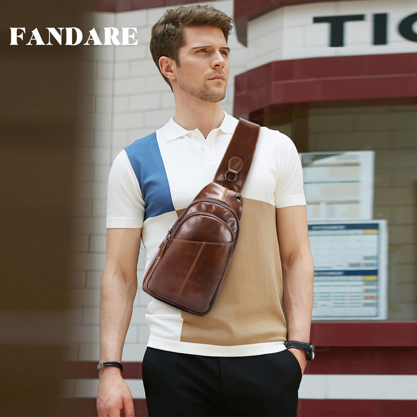 FANDARE Retrò Zaino Monospalla Zaino Spalla Impermeabile Pelle Borsa a tracolla Uomo Affari Sling Bag Borsello a tracolla per Trekking Ciclismo Viaggio Borsa della palestra Marrone