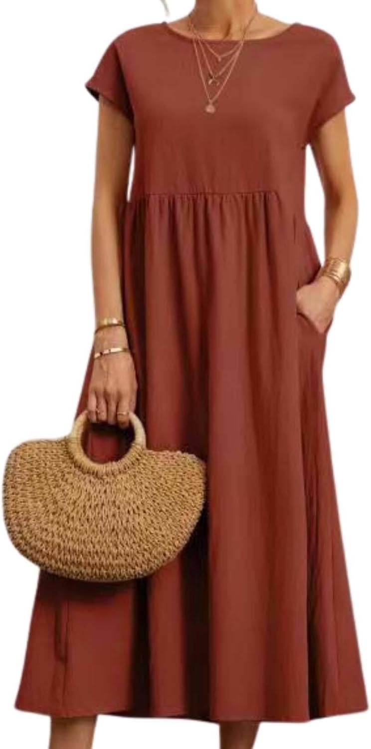 Womens Flowy Long Dress with Ruffled Sleeves Round Neckline and Loose Fit Beach Dress with Pockets