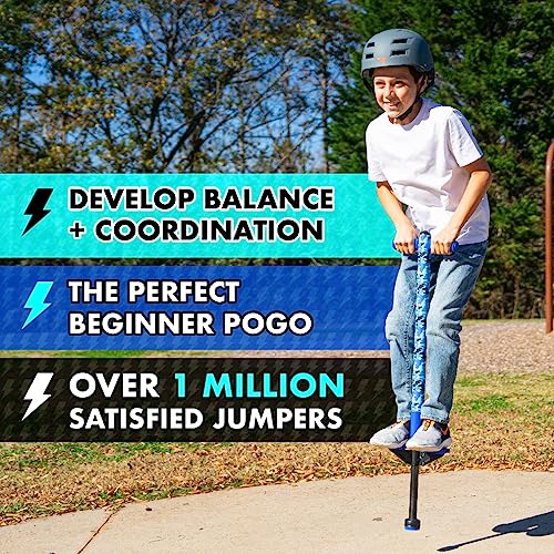Image of Flybar Jolt Pogo Stick for Kids, Perfect for Beginners w / Foam-Covered Metal Frame, Handles & Padding, Non-Slip Foot Pads, Wide Tip, Outdoor Active Play Toy for Boys & Girls, Ages 6+, Blue Camo