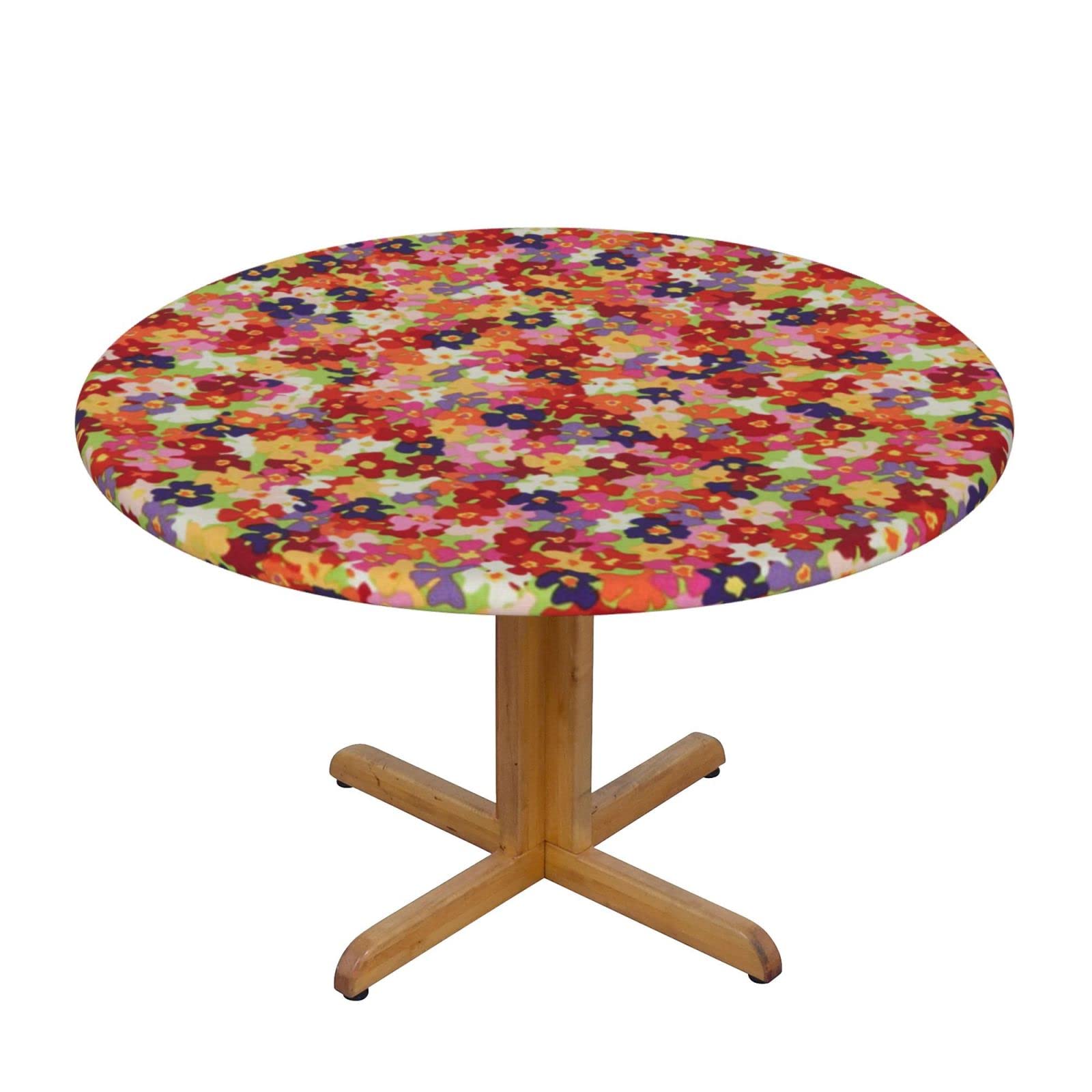 Lsjuee Round Fitted Tablecloth 45-50in Elastic Edged Table Cloth for Kitchen Dining Party Home Decor - Vintage Colorful Wildflowers