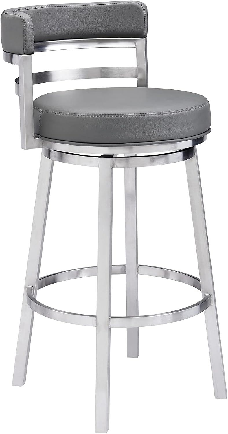 Ergode Madrid Armless Barstool | Stainless Steel Frame | Black Faux Leather Seat | 360-Degree Swivel | Floor Protectors