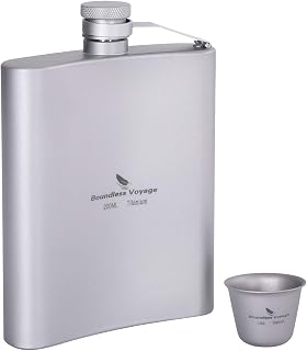 iBasingo Titanium Hip Flask Set 200ml (6.8 oz) with 15ml (0.5 oz) Mini Shot Cup, Leakproof & Odorless, Premium Gift for Men and Women for Whiskey, Vodka, Bourbon Ti3062D