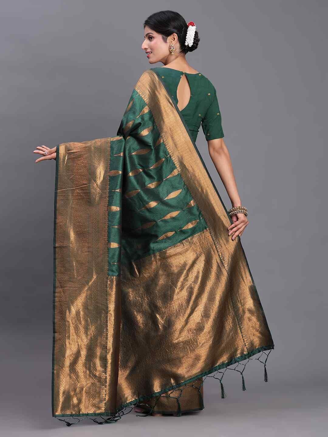 Shiv Textiles Women's Silk Woven & Tassel Saree(AUS-ASBNR2005-DARK GREEN) 4
