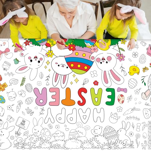 Image of Giant Easter Coloring Tablecloth, 54 inch x 108 inch Easter Crafts Table Cloth, Coloring Tablecloth Disposable for Crafts Party Decorations, Rectangular Painting Poster Banner Art Activities with Bunny Eggs