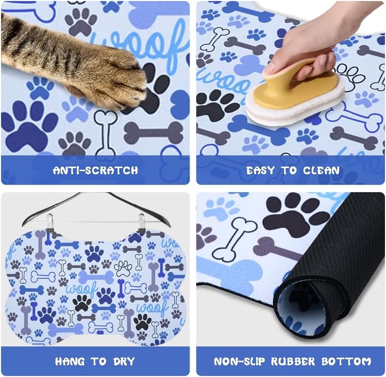 Dog Food Mats for Floors Waterproof, Pet Feeding Absorbent Water Bowl Mat Cat Placemats Blue Bone Shape 25.5 * 17 inch