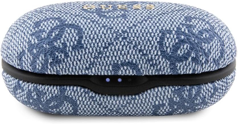 The CG MOBILE Guess Wireless Earbuds charging case in a closed position, displaying its textured exterior and LED indicators.