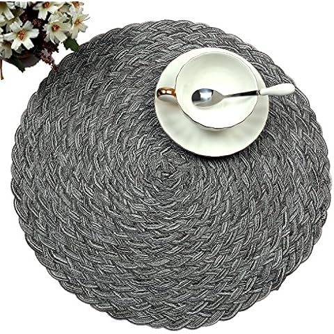 Topotdor Round Placemats Heat-Resistant Stain Resistant Anti-Skid Washable Polyproplene Table Mats Placemats (Braided-Gray, Set of 4) Cover