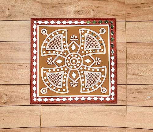 Image of Ethnics of Kutch Traditional Kutch Handicraft Mud-Mirrorwork Lippan Kam Wall Art (Water and Break Resistant) - Square (12 inch x 12 inch) - (Maroon - LKT-0235)