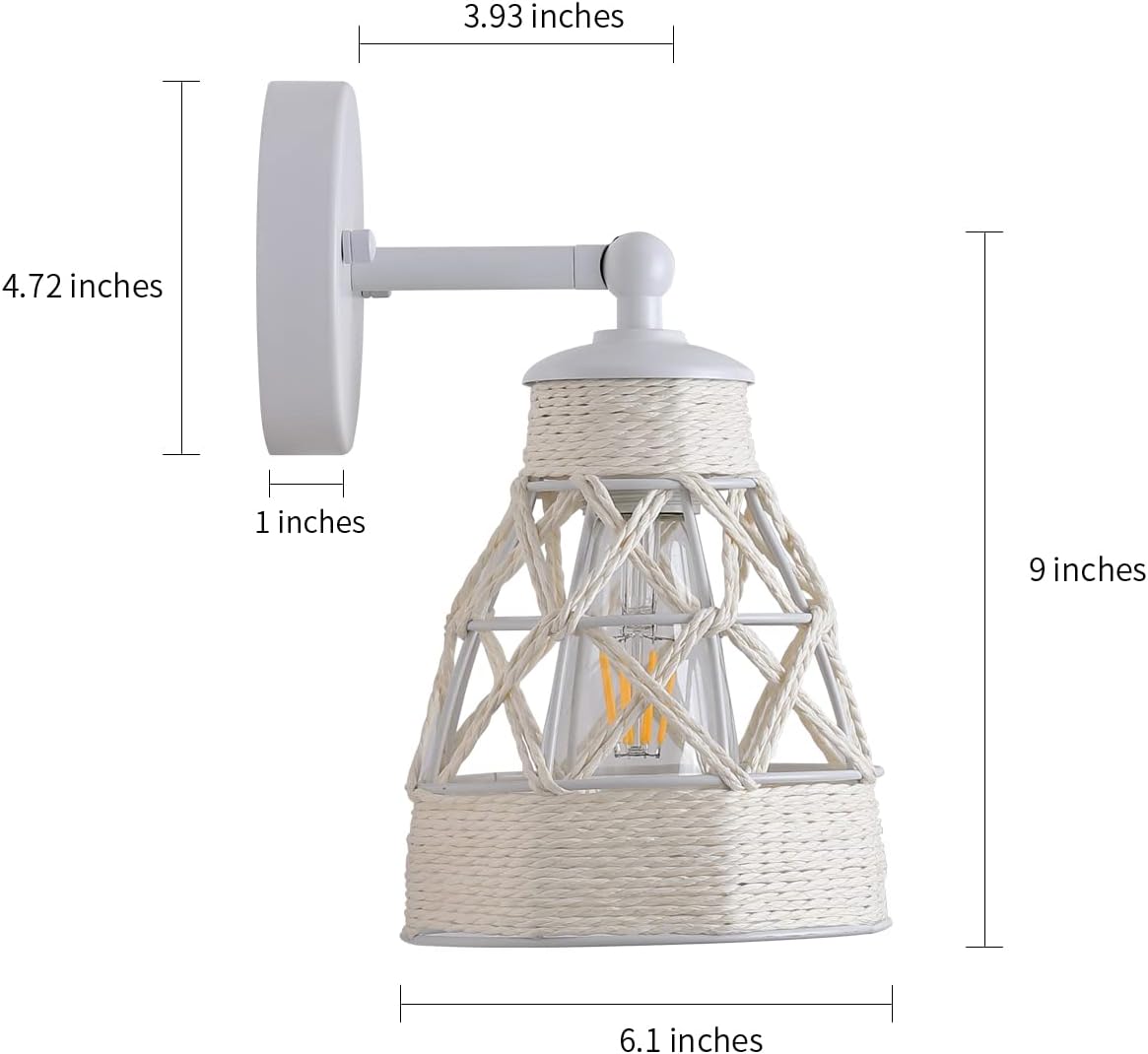 Dijiahua White Wall Sconces Set of 2, Bohemian Modern Light Fixtures with Metal Shade, Farmhouse Handmade Hemp Rope Woven Rattan Craft to Decor Indoor Bedroom, Living Room, Hallway, Kitchen
