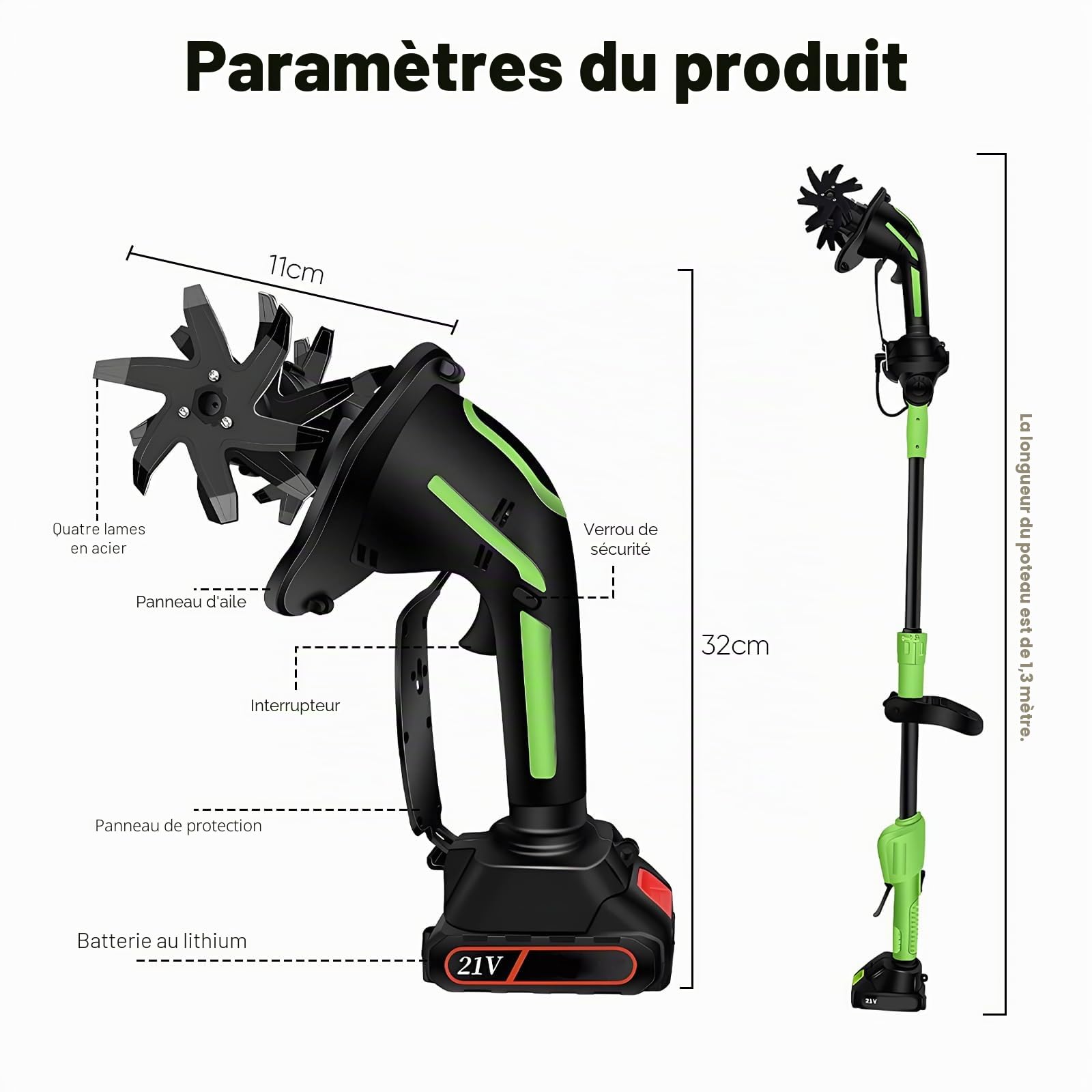 Motobineuse Electrique 650 W, Mini Motobineuse avec Batterie 3000 mAh, Tige de 1,3 m,Largeur de Travail 10 cm, Profondeur de Travail 10 cm pour Ameublir Terre Jardin et Verger (2 Batteries)