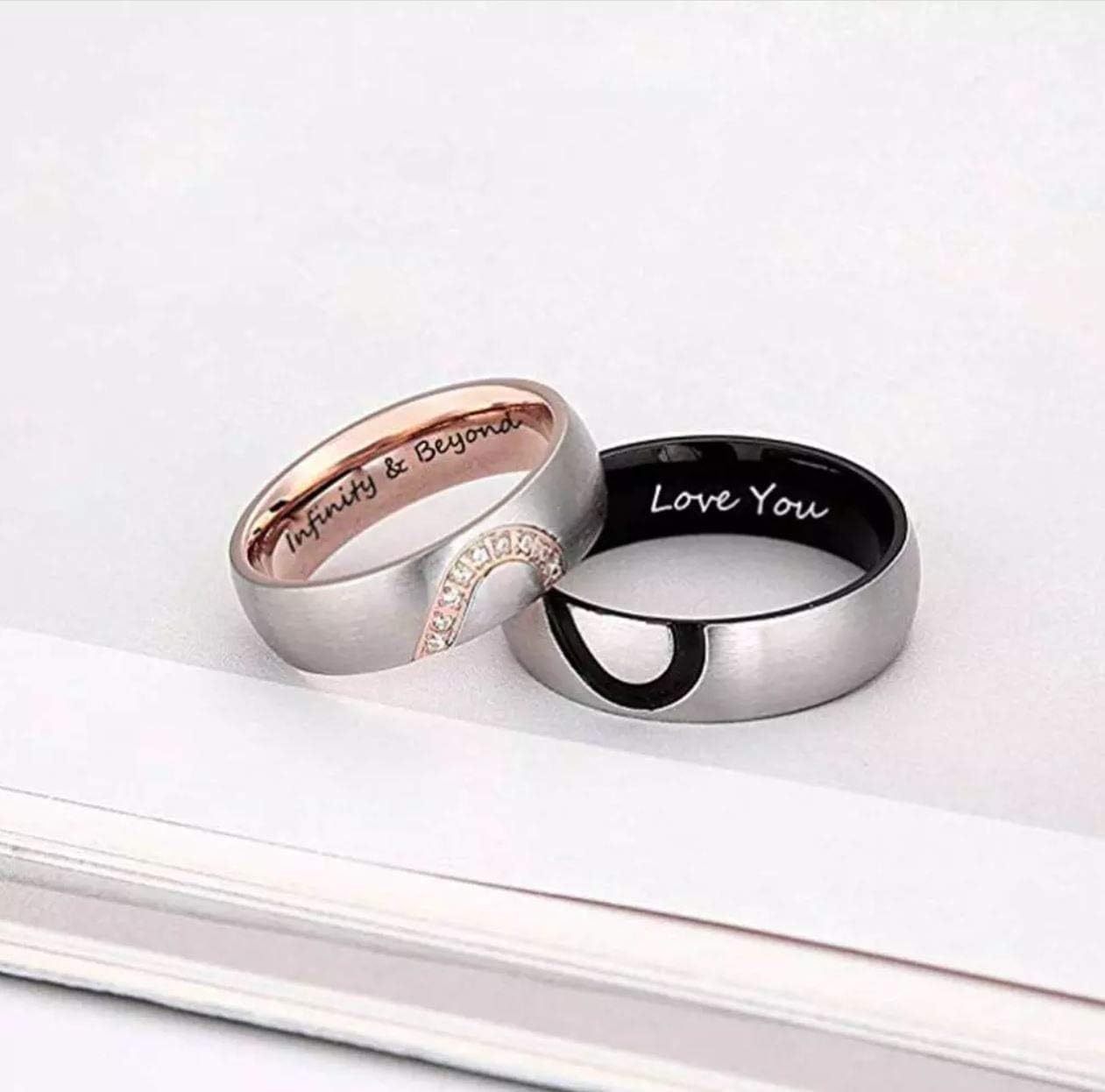 Stainless Steel Personalized Heart Couple Rings with Stones, Mens and Womens Promise Rings Set, Custom Inside Engraving, Wedding Engagement Rings for Women Men, Valentines Day Gift