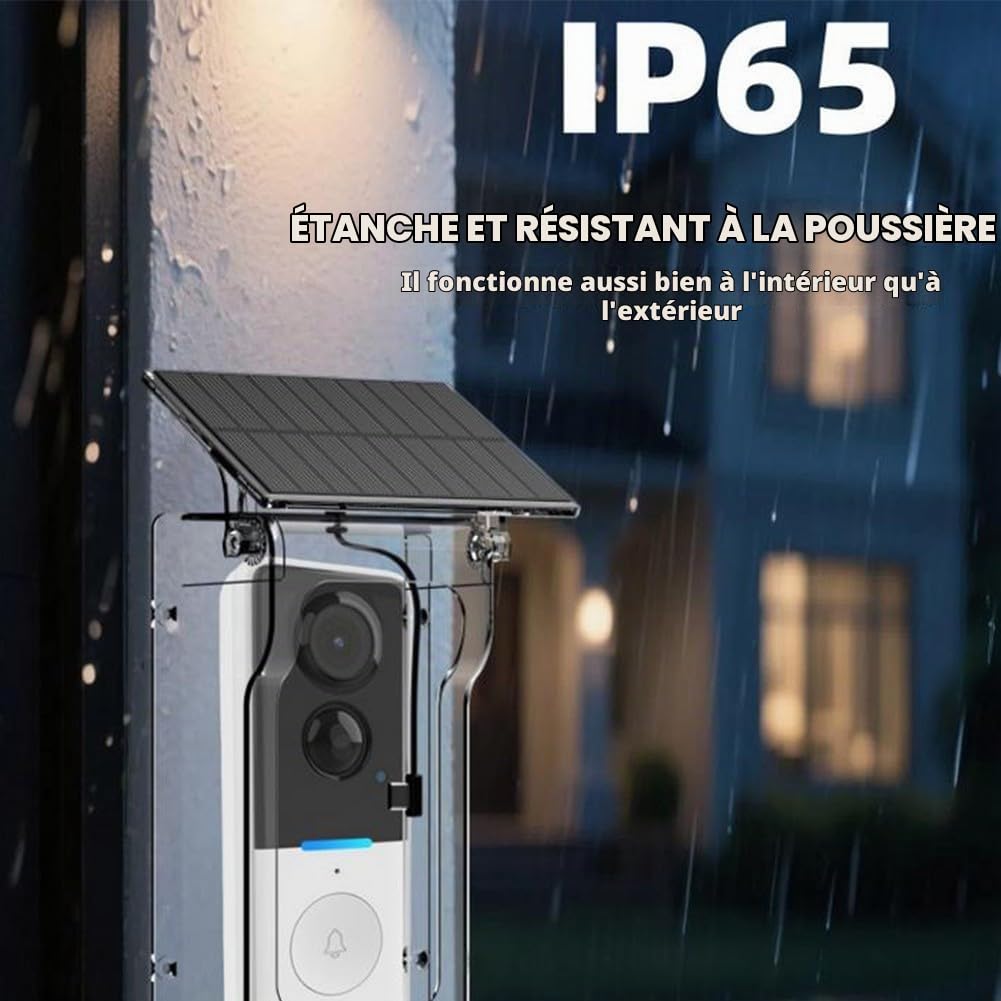 Caméra de sonnette sans fil pour Tuya avec couverture de recharge solaire, interphone vidéo 1080P, détection de mouvement avec capteur PIR et protection étanche IP65 (Noir)