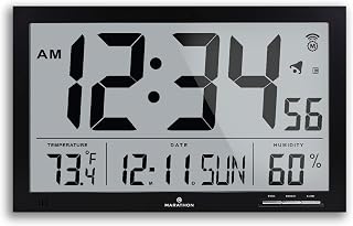 Marathon Slim Jumbo Atomic Wall Clock, Black - Large 15-Inch Display, AM/PM or 24-Hour Time Format, 4 Time Zones, Indoor Temperature & Humidity - Four AA Batteries Included