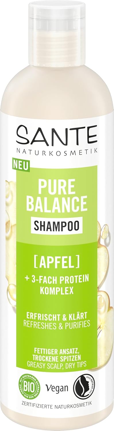 SANTE Naturkosmetik Pure Balance Shampoo Biologische appel + 3-voudig proteïnecomplex, veganistische haarshampoo voor gereinigd en verfrist haar, hydrateert droog haar intensief, 250 ml