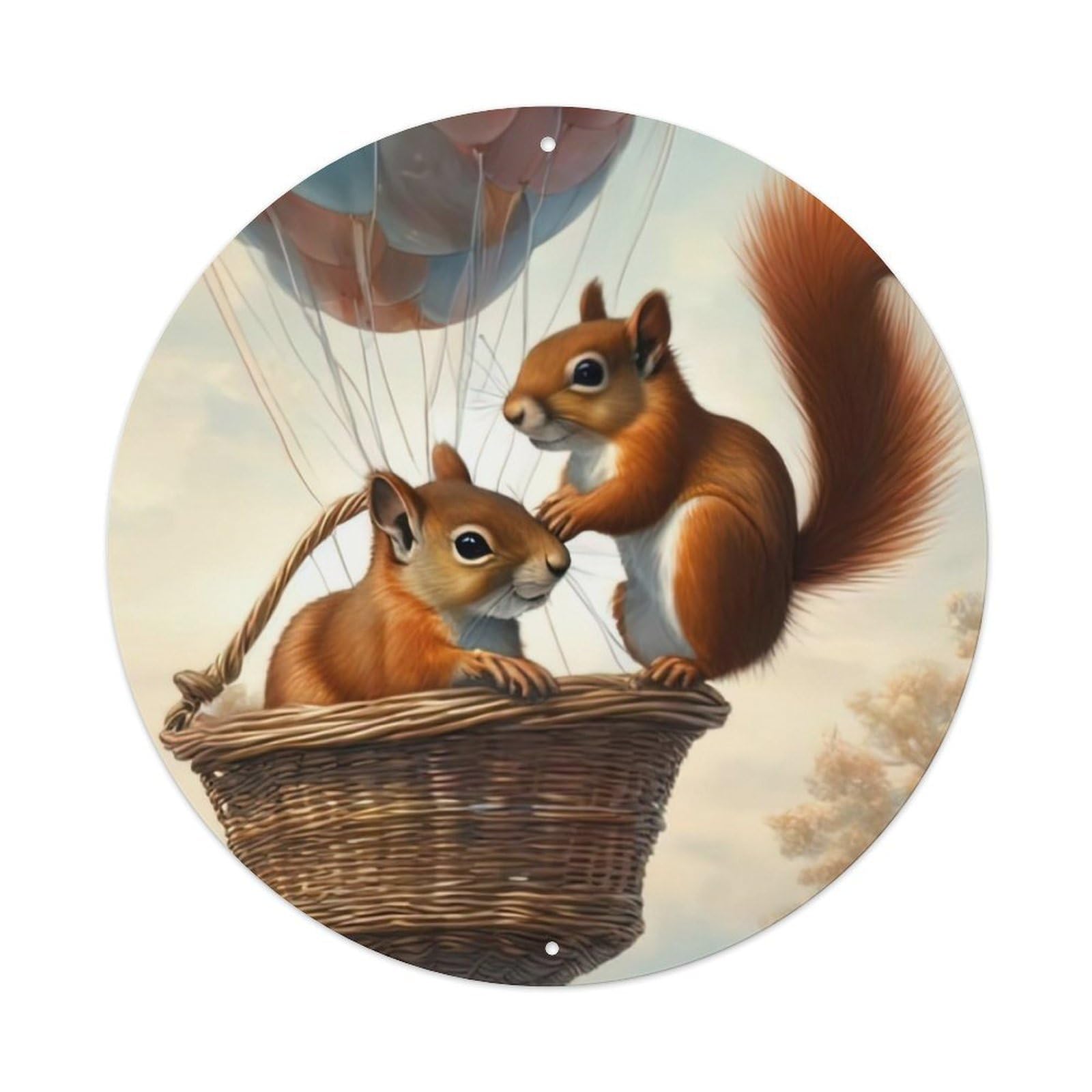 Wildlife Artwork Squirrel on Hot Air Balloon Vintage Metal Tin Sign Plaque Wall Decor for Cafe, Club, Garden Round Metal Poster 8x8Inch