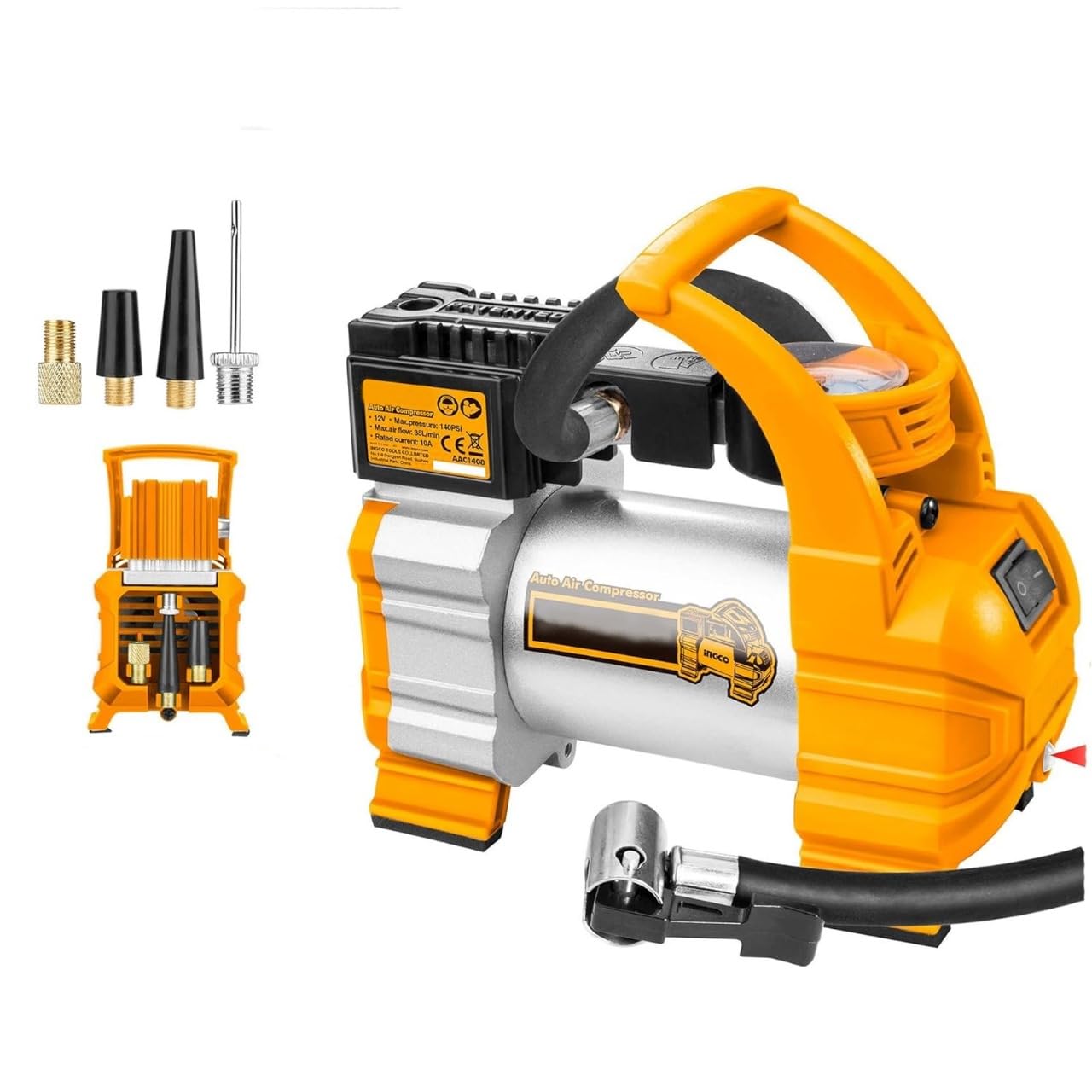 Auto Air Compressor, 12V | 10A | 140PSI Portable Tyre Inflator Pump, with Cord, Cigarette Lighter, Battery Clips, Adapters, LED Light for Car, Bicycle, Balloons and Other Inflatables