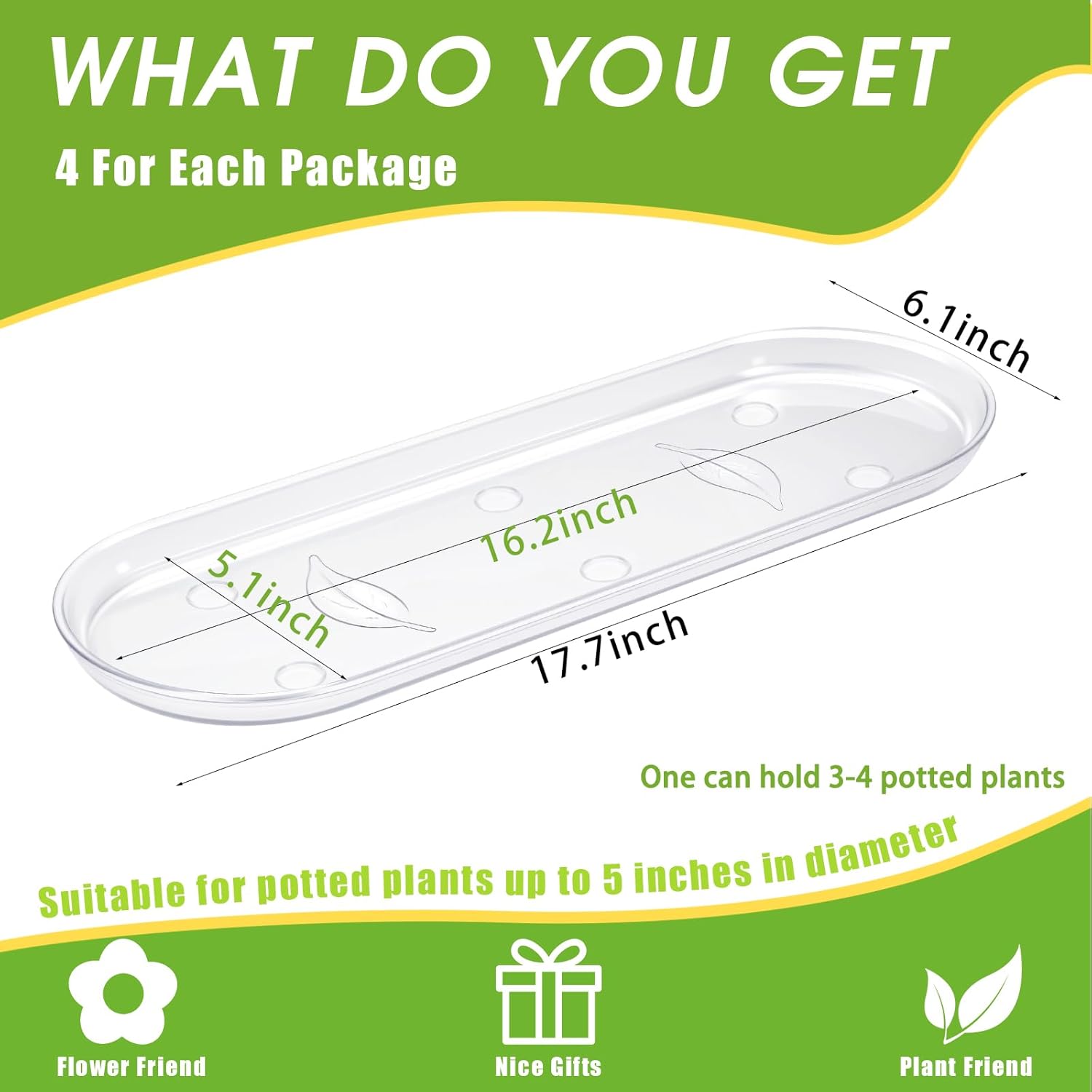 Juexica 4 Pcs 18 inch Plant Tray Plastic Plant Saucer Window Sill Tray Rectangular Drip Trays Plastic Oval for Indoors Flower Pots for Window Sills and Shelf