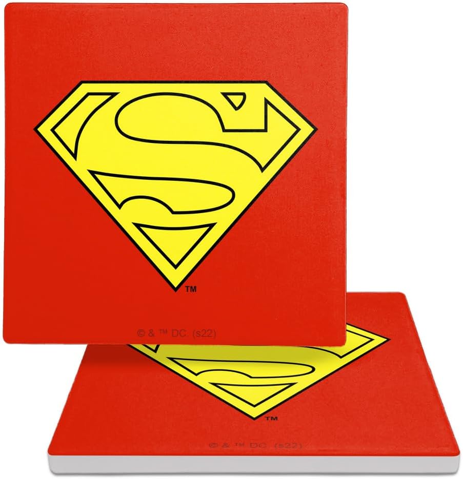 Superman Cape Logo Square Ceramic Coasters, Set of 2, 3.9" Ceramic Stone & Cork Base, Drink Coaster for Tabletop Protection