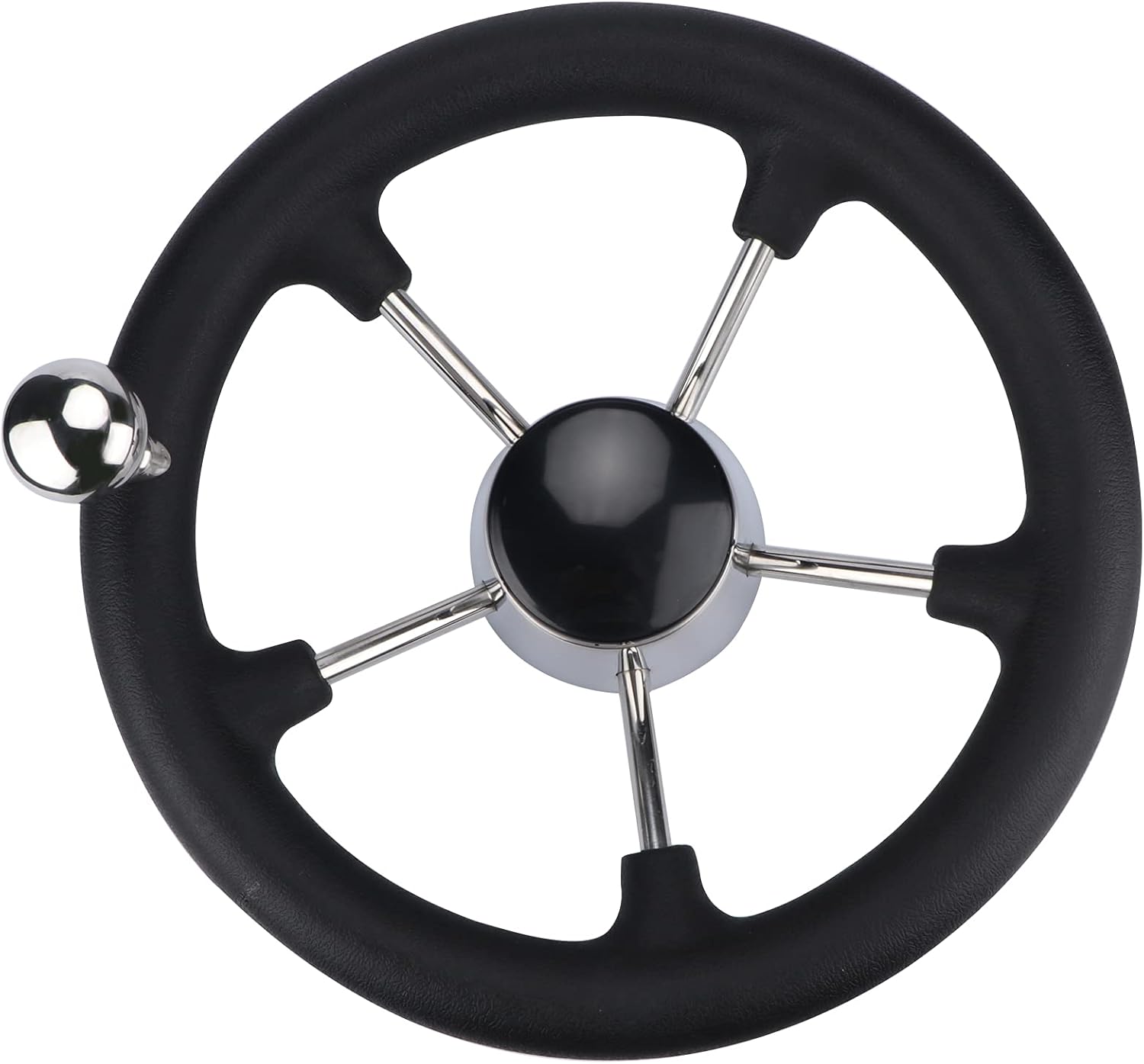 11" Boat Steering Wheel – 316 Stainless Steel 5-Spoke Destroyer Style, 3/4" Tapered Shaft, Anti-Slip PU Foam Grip & Steering Knob Included, for Boats, Yachts & Pontoon Boats