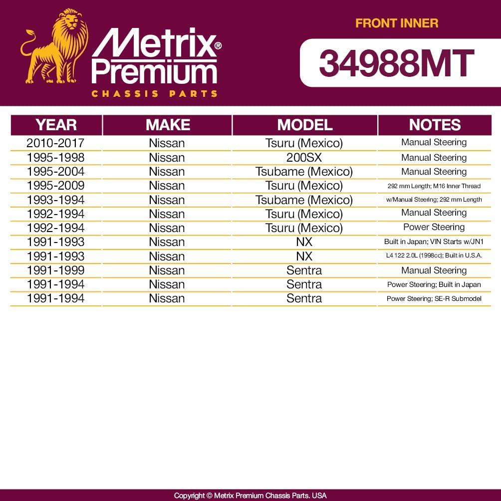 Metrix Premium Chassis Parts - Front Inner Tie Rod End Fits 95-17 Nissan Tsuru (Mexico), 95-98 200SX, 93-04 Tsubame (Mexico), 91-93 NX, 91-99 Sentra, Replacement EV322, Made in Europe