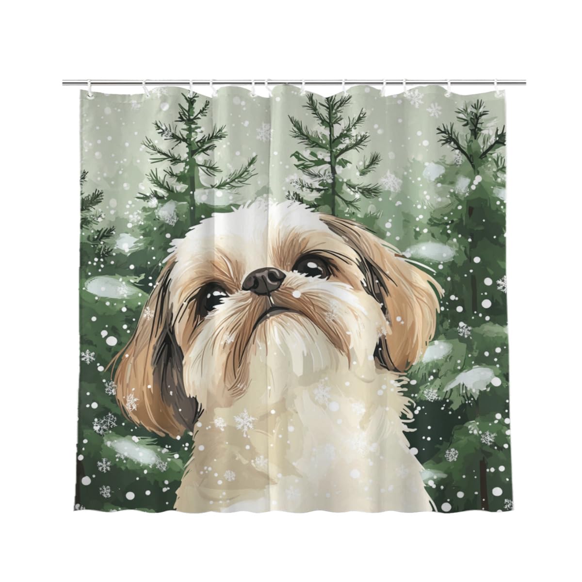 NGZ 72x72 Inche Winter Christmas Shower Curtain, Cute Shih Tzu Snowflake Scene Shower Curtains for Bathroom, Pine Tree Covered Snow Fabric Bath