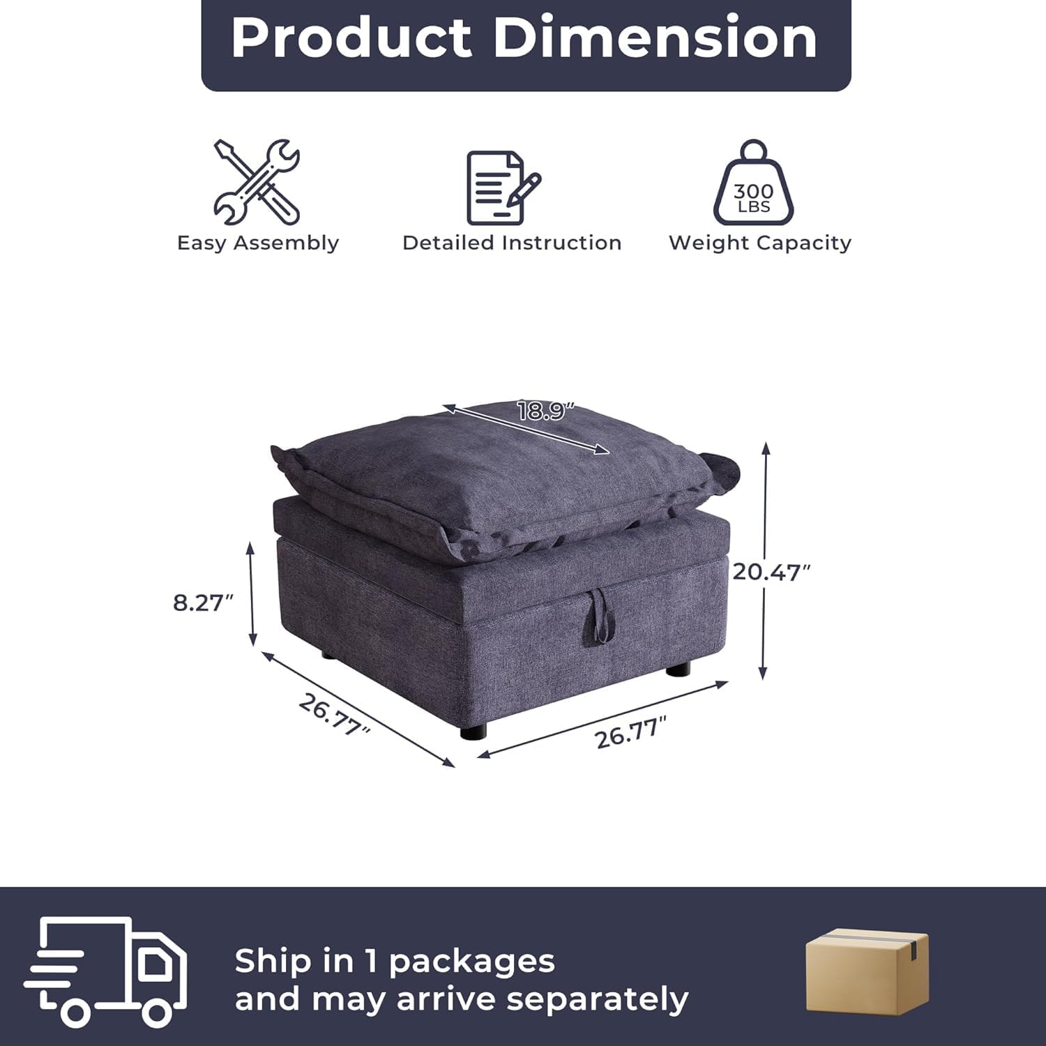 Modular Sectional Sofa, 27.12" Storage Ottoman Module for Modular Sectional Sofa, Living Room Coffee Table Ottoman Footrest for Convertible Sectional Couch, DIY Combination, Grey