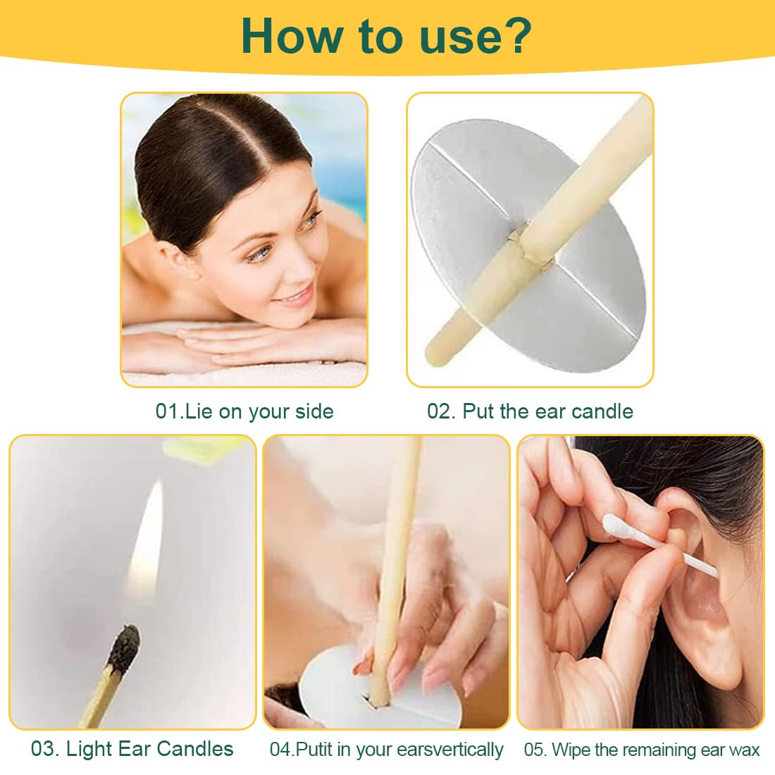 EBHO Candele Orecchie Cerume,Kit per Candele per Rimozione del Cerume,Togli Cerume Orecchie,Candele per Orecchie da 10 Pezzi con 5 Dischi Protettivi