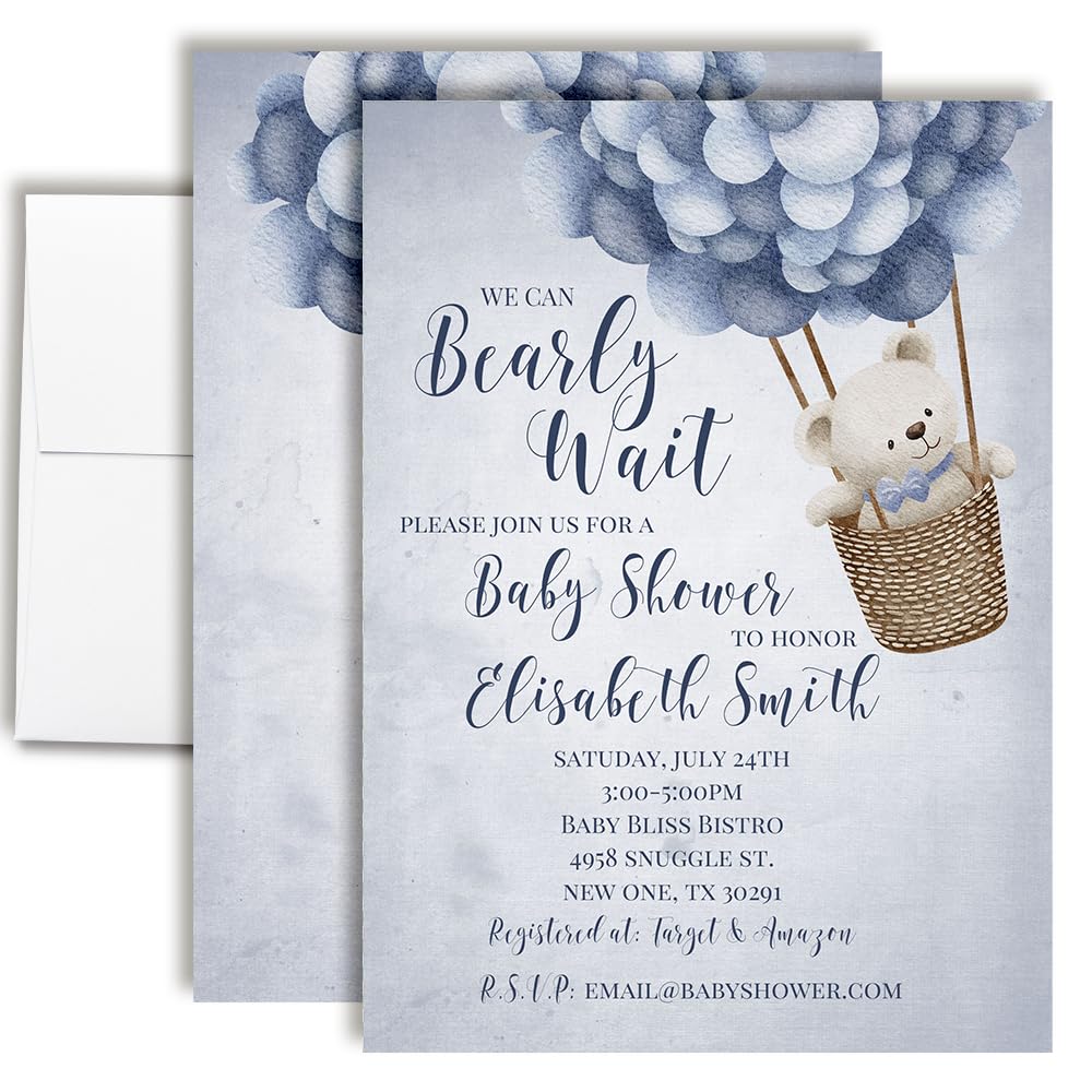 Blue Teddy Bear Theme for Boy Baby Shower 20 Custom Invitations 5"x7" Personalized Fill-In Cards with Envelopes, Baby Shower Stationery Set, Made in