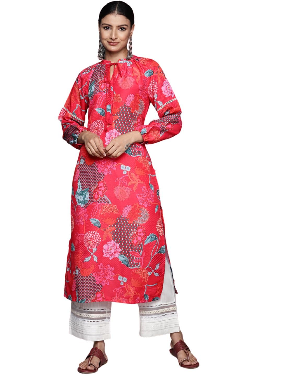 Varanga orange floral printed mandarin collar with gathered details, bishop sleeves straight kurta