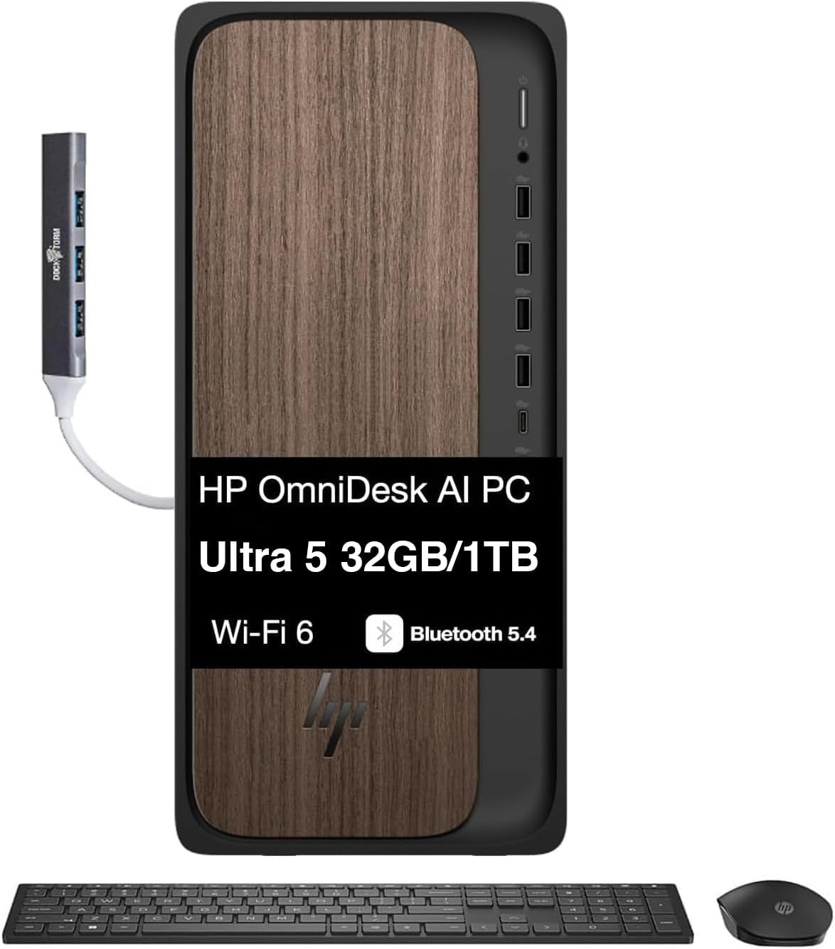 HP OmniDesk M03 Business AI PC Desktop (Intel Ultra 5 225, 32GB DDR5, 1TB PCIe SSD, Intel Graphics, 280W PSU, WiFi 6, BT 5.4, USB-C, RJ-45, Display Port, HDMI, Win 11 Pro) w/DKZ USB Port Expander