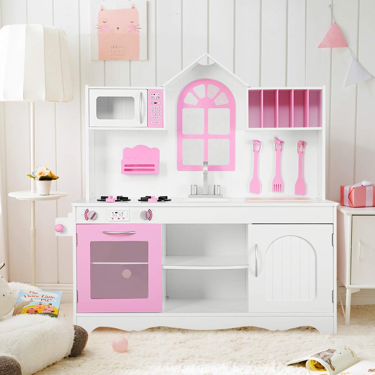 RELAX4LIFE Cucina Legno per Bambini, Cucina Giocattolo con Forno, Microonde e Fornelli, Mini Cucina, Giocattolo Educativo per Bambini 3+ Anni (Modello 1)