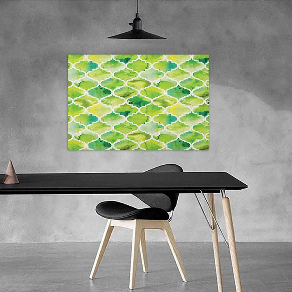 Fickdle Abstract Oil Painting Watercolor Beautifully Decorated Moroccan Trellis Pattern in Green Tones Watercolor Vintage Artwork W24 x L16 Lime Green Yellow White