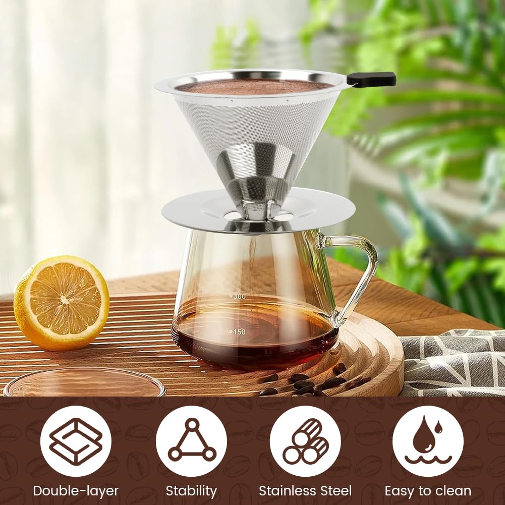 Kaffee-Tropfer mit Reinigungsbürste, verbesserter Doppel-Micro-Mesh-Filter mit Tassenständer, Edelstahl-Kaffeefilter, wiederverwendbarer Kaffeefilter, zum Übergießen der Kaffeemaschine (3–4 Tassen)