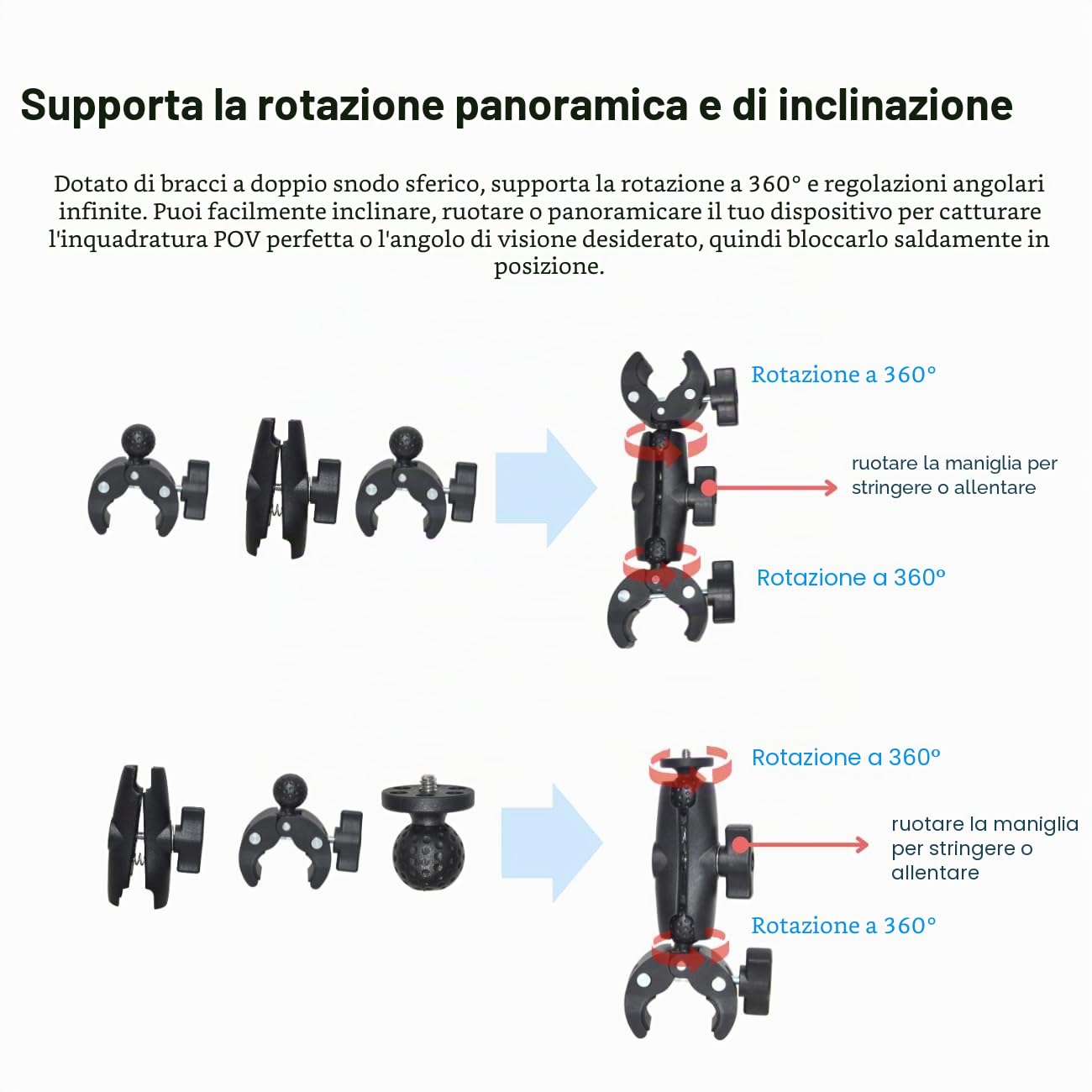 Supporto Action Cam per Moto, per Insta360 X5/X4/X3, Compatibile con GoPro Hero 13/12/11/10, Staffa Doppia, Regolabile, Nero