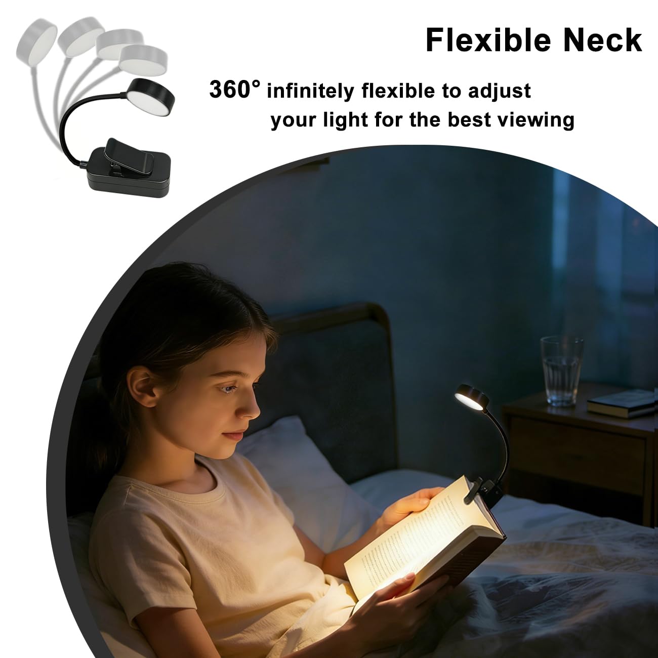 Consss Tragbare LED-Leselampe, 3 Farben, stufenloses Dimmen, Helligkeit, 1800 mAh, wiederaufladbares Buchlicht zum Lesen im Bett, Studenten, Kinder, Reisen, Stillen, Lernen (schwarz)