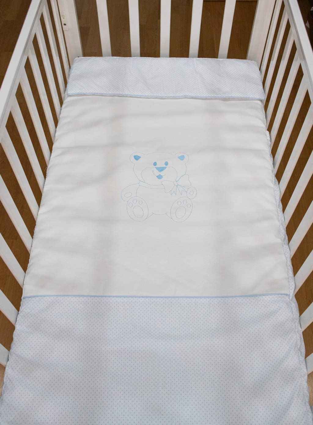 TORAL Cuna Bebe Madera con Colchon Viscoelástico y Edredón Azul. Cuna Colecho Bebe Modelo Verona. Cunas para Bebes Completas con Colchon. 3 Posiciones Lateral Deslizante y 5 Posiciones Somier.