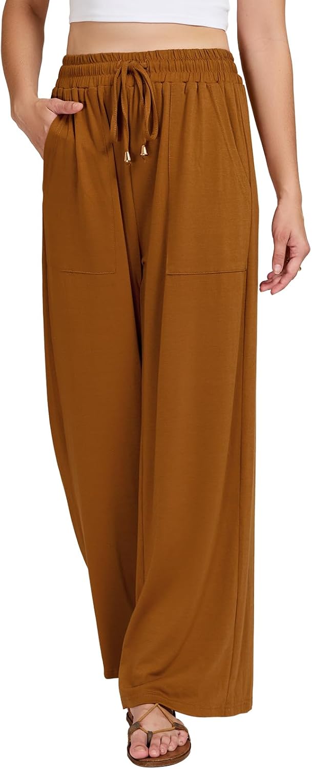 Womens Wide Leg Pants Elastic Waisted Casual Palazzo Pant Travel Vacation Beach Trousers with Pockets - Image 3