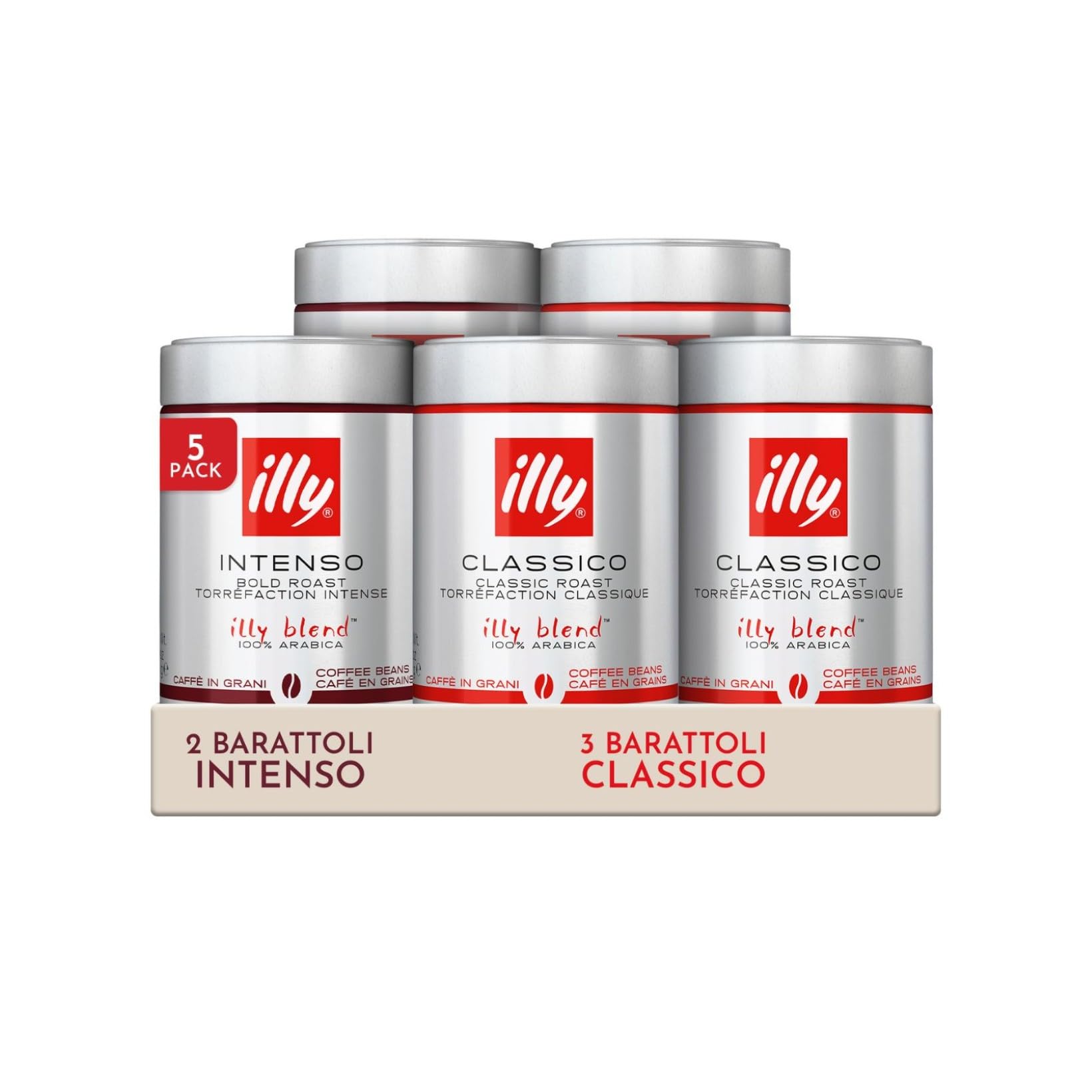 illy, Bundle Caffè in Grani da Macinare, 3x CLASSICO 2x INTENSO, 5x250g | 100% Arabica, 5 Barattoli da 250g (1250g Totali)
