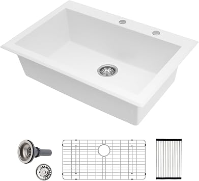 Sarlai Granite Composite Kitchen Sink 33 Inch White Kitchen Sink Drop In 3322 Granite Kitchen Sinks Topmount White Quartz Classic Above Counter Single Bowl Basin