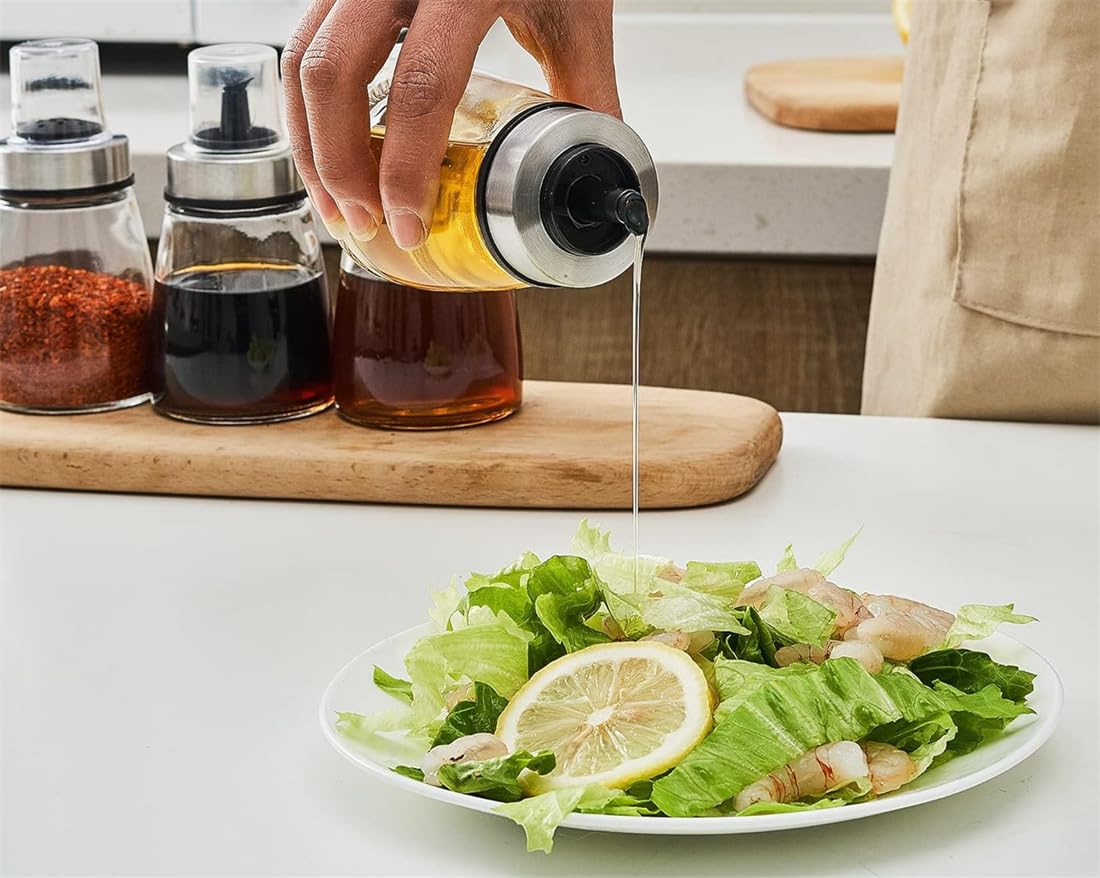Mały zestaw dozowników oleju i octu do kuchni, szklane butelki bez kapania, do sosu sałatkowego, balsamicznego, sosu sojowego, szczelna wylewka z zatyczką przeciwpyłową, 180 ml, 3 szt