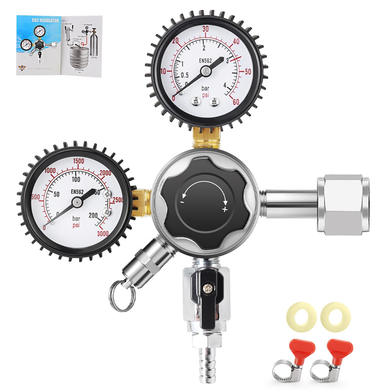 MRbrew CO2 Regulator Keg Regulator CGA-320 Draft Beer Regulator, Kegerator Regulator Co2 Tank Pressure Regulator with 0-60 PSI Working Pressure & 0-3000 PSI Tank Pressure for Homebrewing
